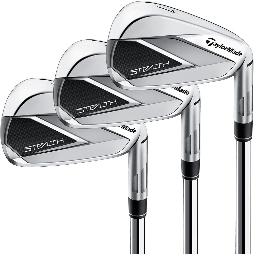 Set of TaylorMade Stealth golf irons on a white background - Up N Down Golf - Golf Club Rental Hire Repair Algarve