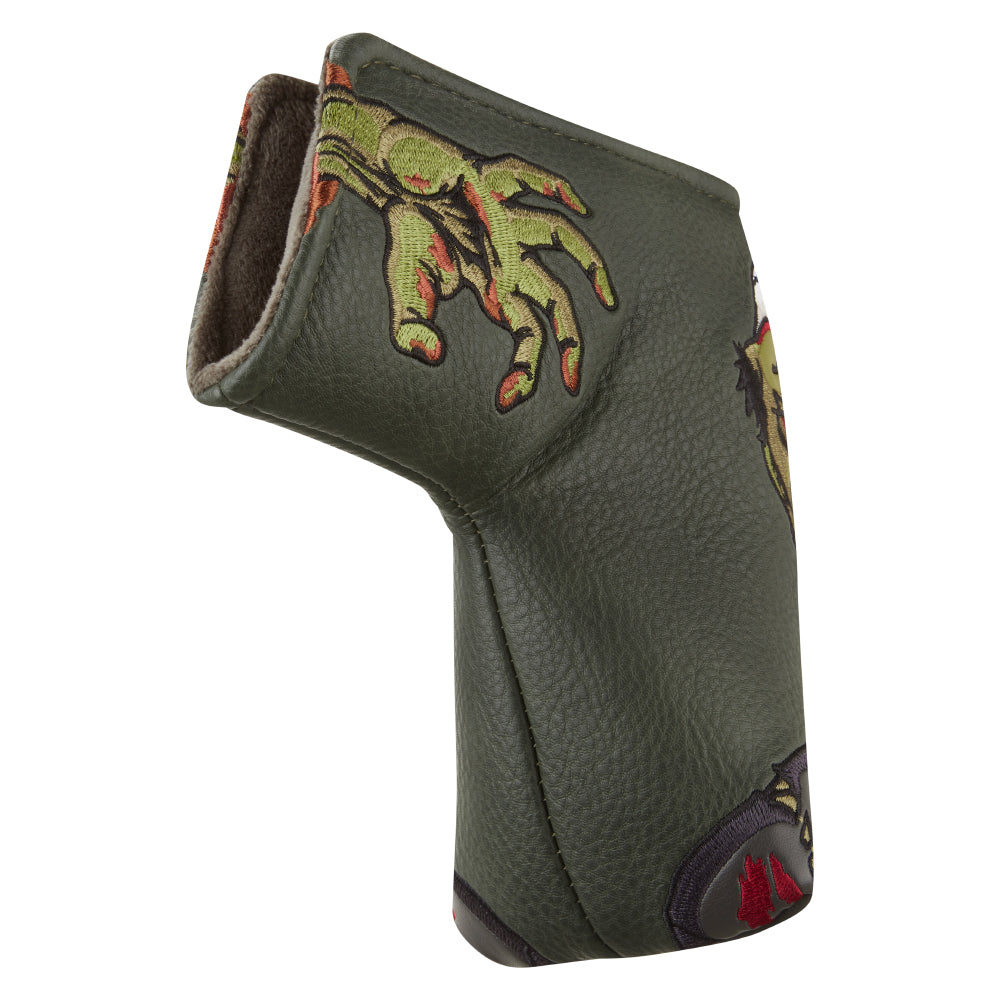 Blade putter head cover with an embroidered zombie hand design set on a deep green faux leather.