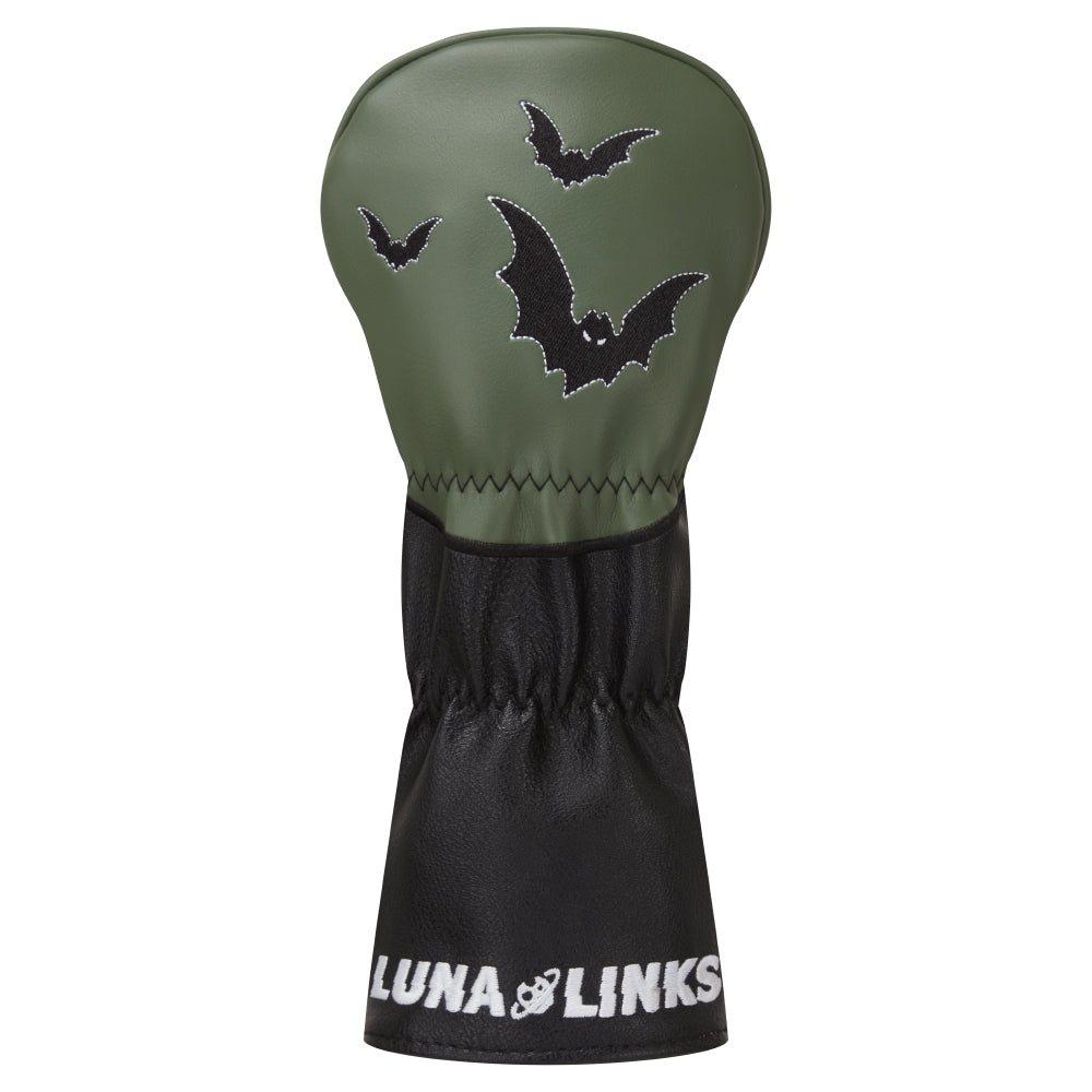 Golf club head cover with an embroidered  bat design on an olive green and black synthetic leather background with Luna Links.