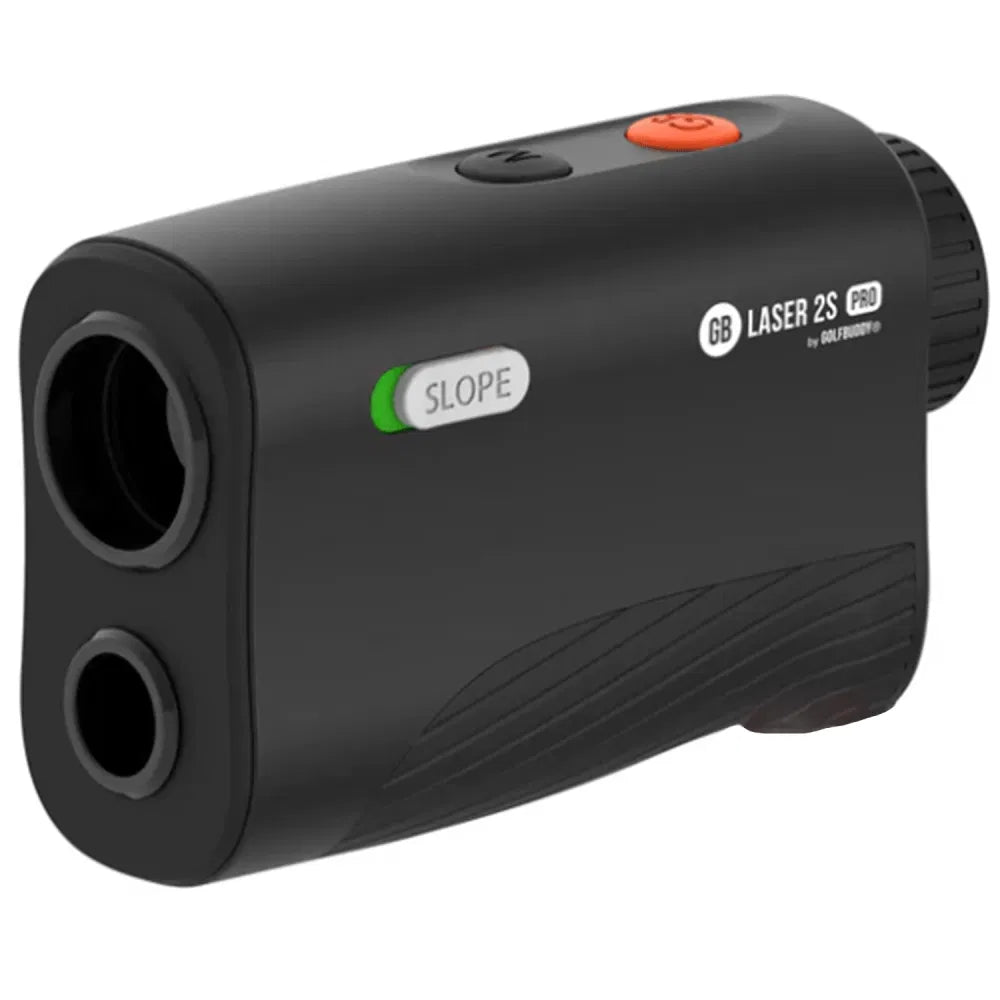 Black laser rangefinder with slope feature on a white background