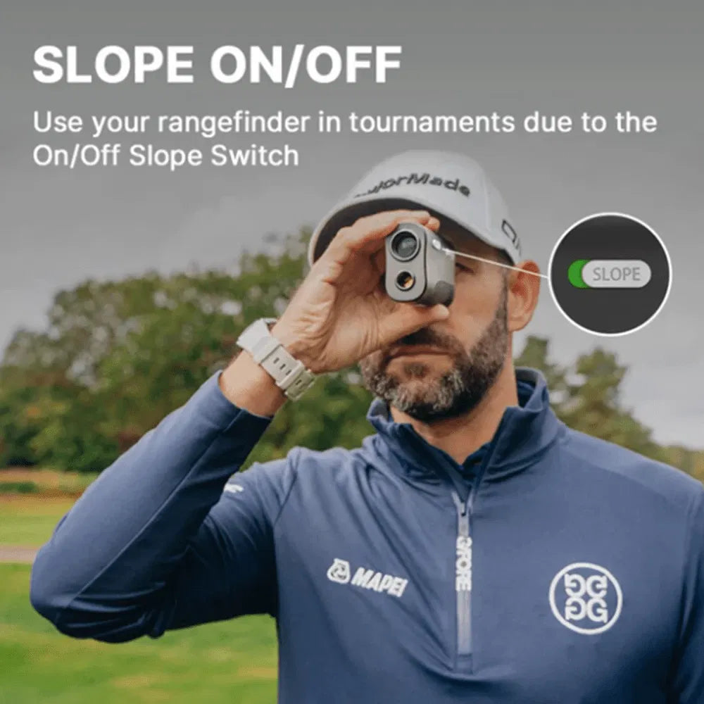 Man using a rangefinder with an 'On/Off Slope Switch' feature on a golf course.