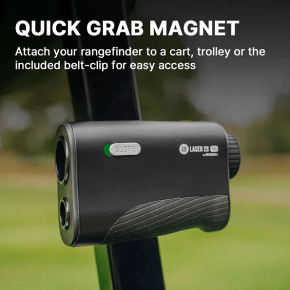 Golf rangefinder with quick grab magnet attachment on a blurred golf course background