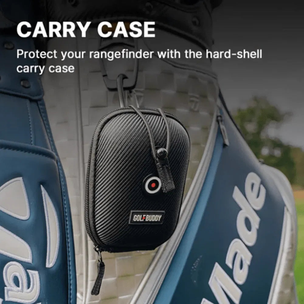 Black hard-shell carry case for a rangefinder attached to a golf bag.