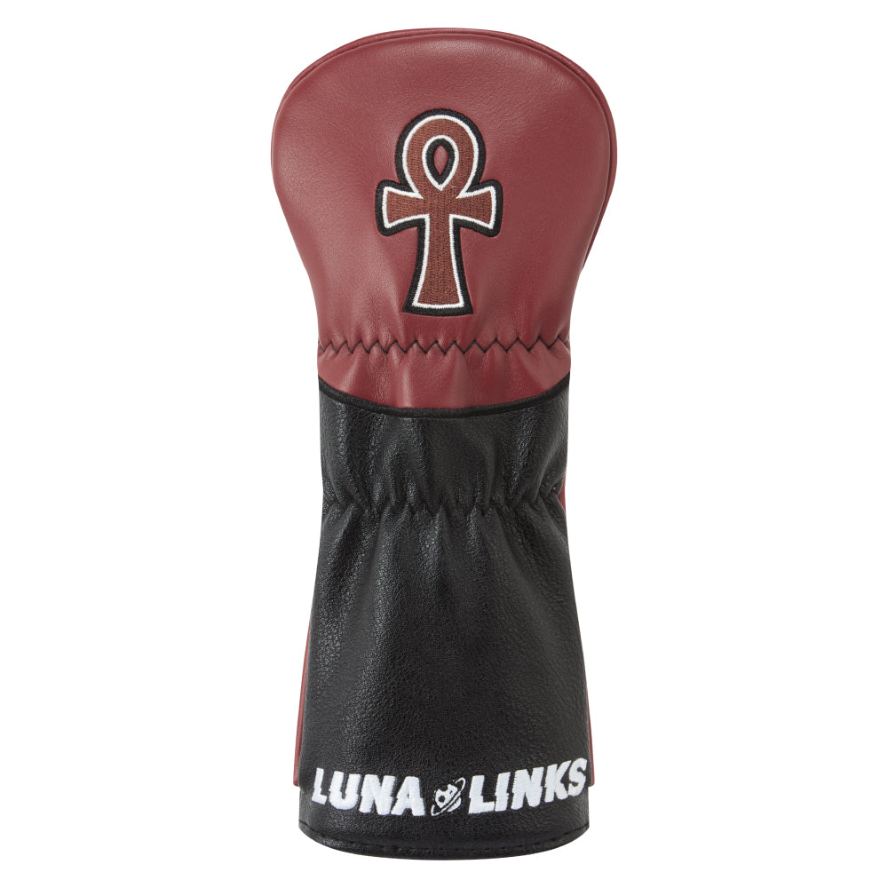 Hybrid club head cover with an ankh symbol and 'Luna Links' branding embroidered onto a deep red and black faux leather.