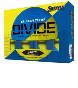 Srixon Q-Star Tour Divide golf balls pack of 12 packaging with blue and yellow balls.