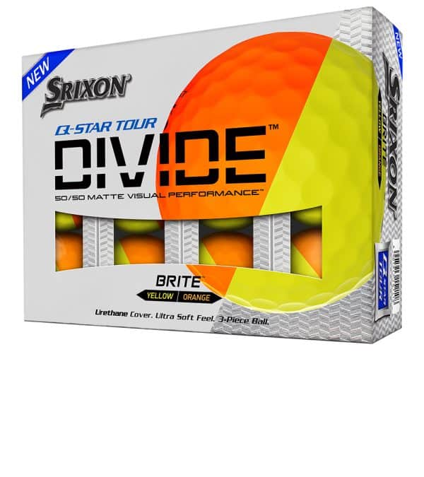 Srixon Q-Star Tour Divide golf balls pack of 12 packaging with orange and yellow balls.