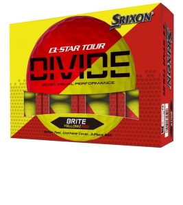 Srixon Q-Star Tour Divide golf balls pack of 12 packaging with red and yellow balls.