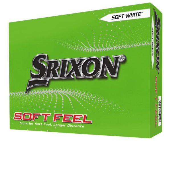 Srixon soft feel golf ball box of 12 soft white with green background and branding