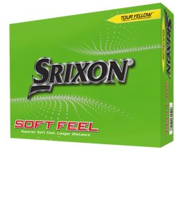 Srixon soft feel golf ball box of 12  Tour Yellow with green background and branding