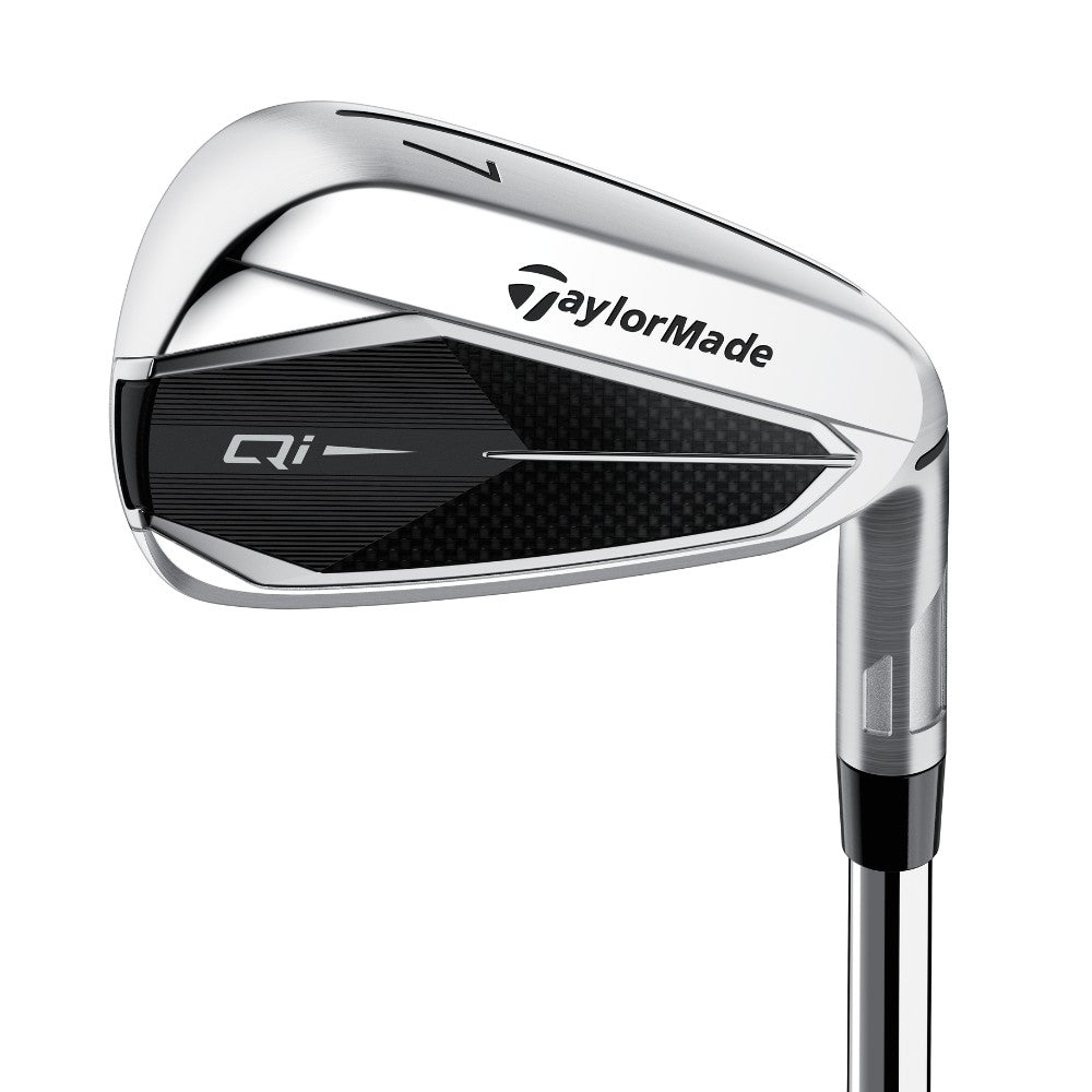 TaylorMade Qi10 7 iron  golf club on a white background. Back of face view 