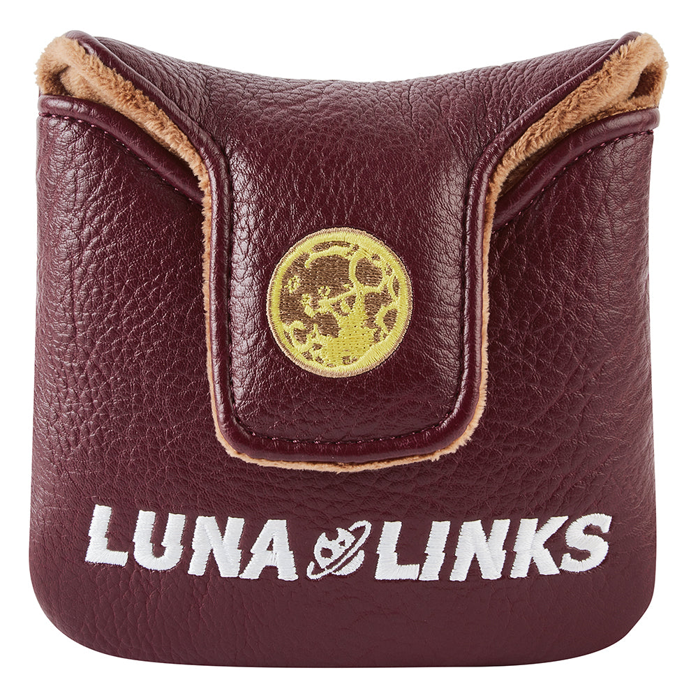 Brown/burgundy faux leather matter putter head cover with 'Luna Links' branding and an embroidered moon. 