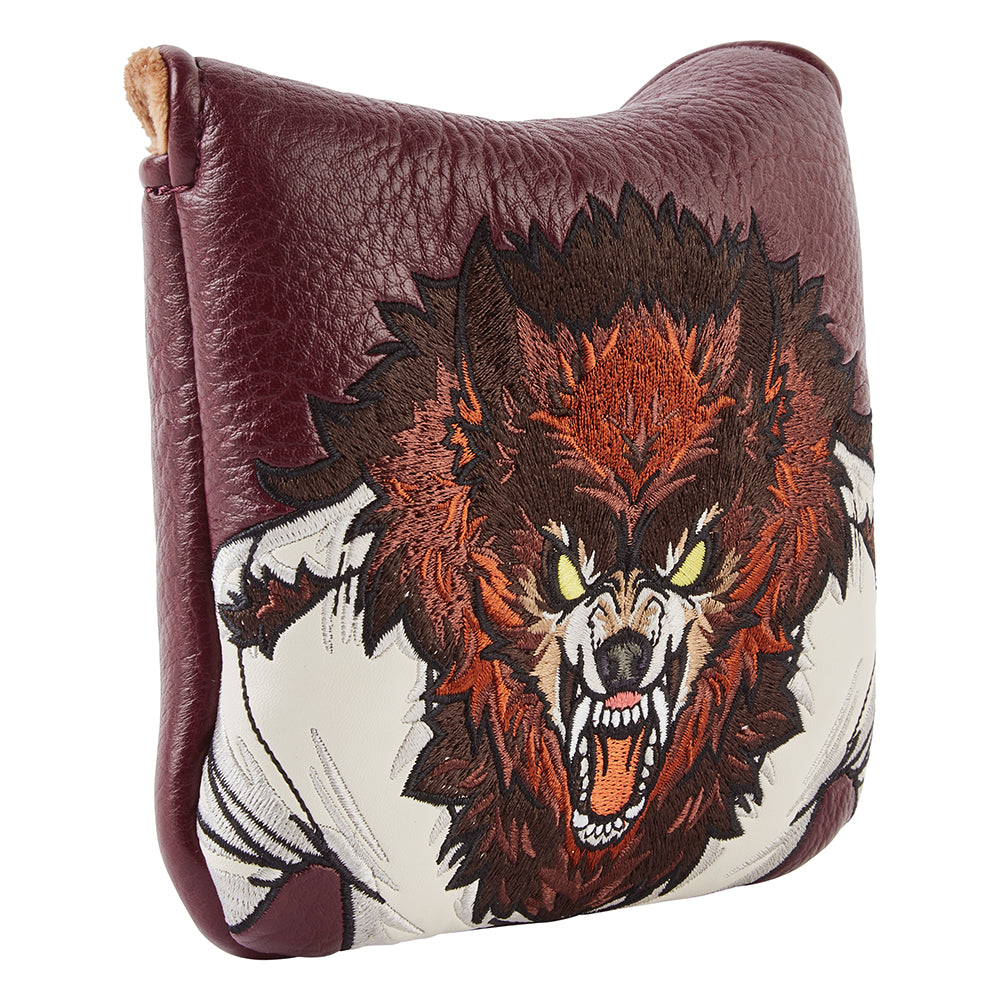 Synthetic leather mallet putter Headcover with an embroidered wolf design on burgundy background.