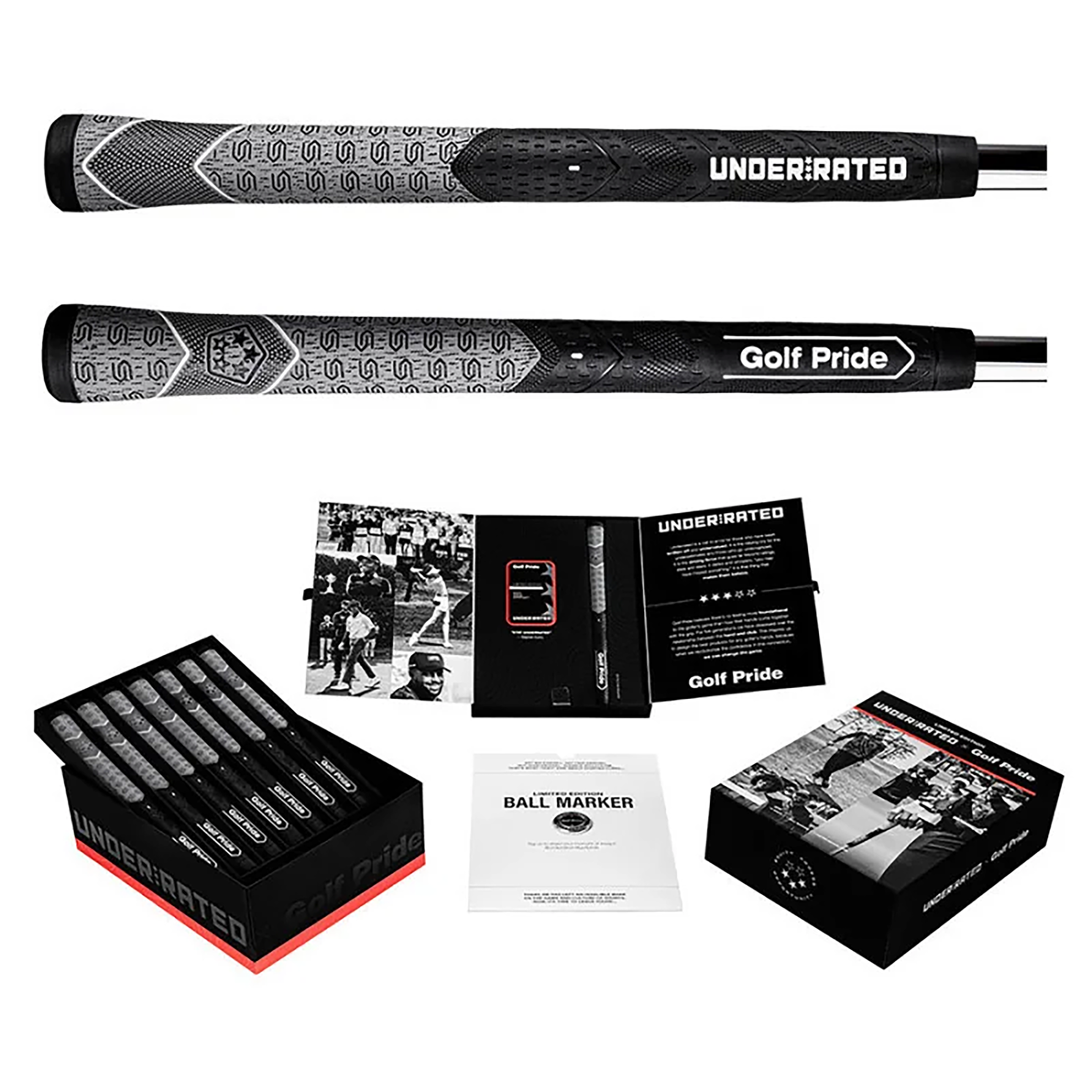 Steph Curry x Under:rated Golf Pride Limited Edition Box Set of Golf Grips - Images of Grips, Ball Marker & Commemorative Box 