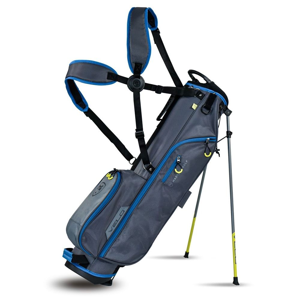Gray and blue golf bag with a stand on a white background