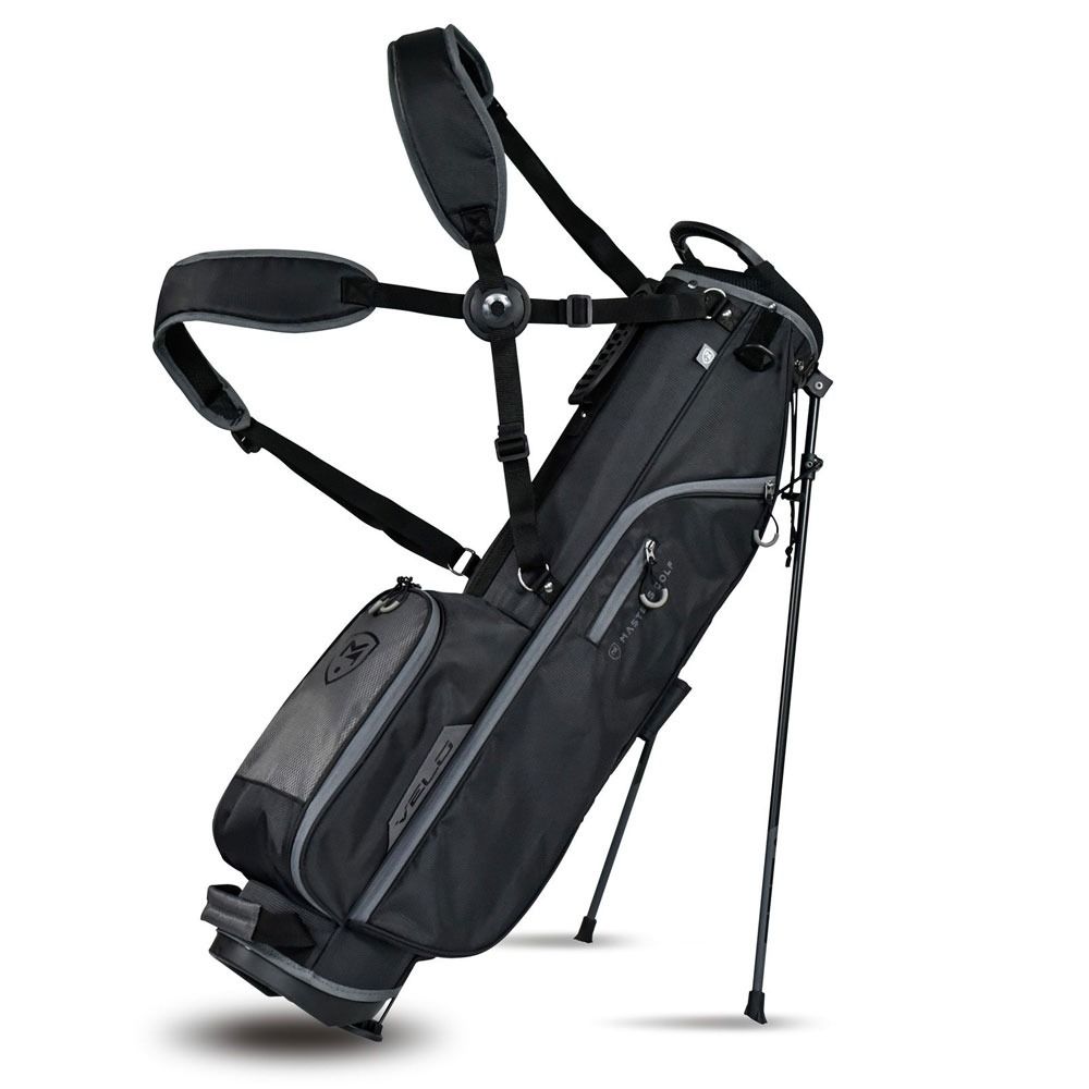 Black golf bag with stand on a white background