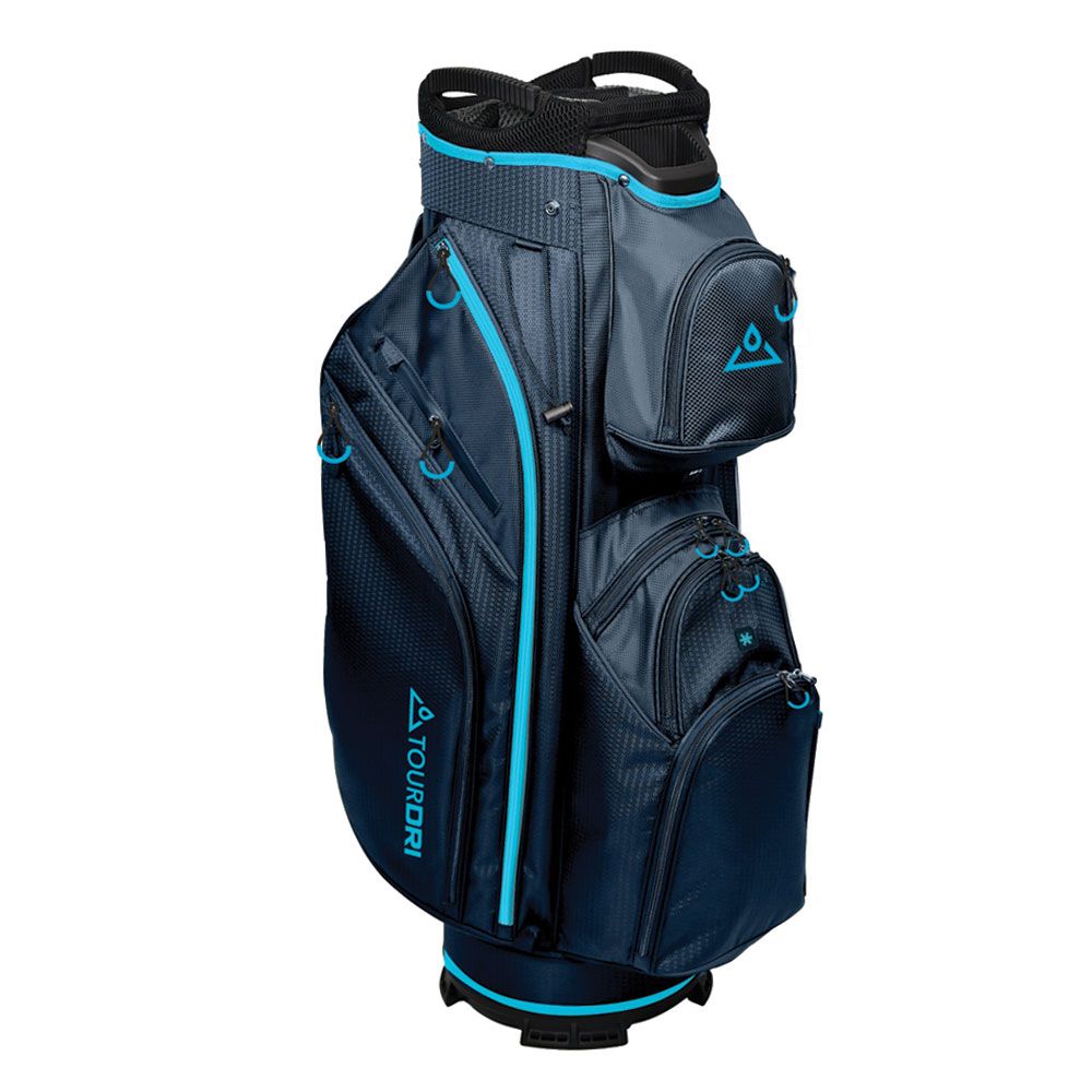 Black golf cart bag with blue accents on a white background
