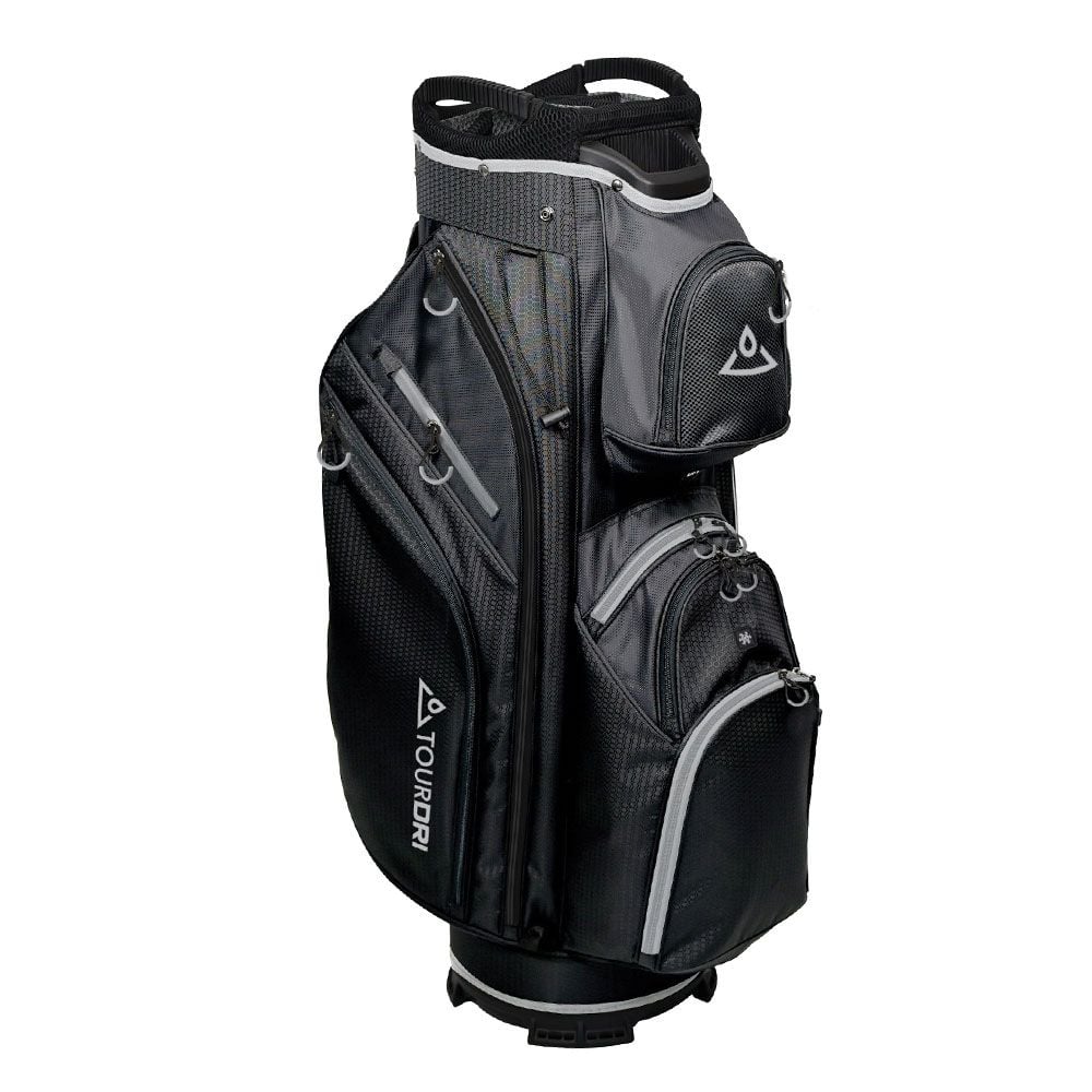 Black golf cart bag with silver accents on a white background